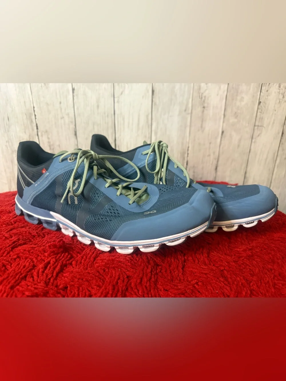 ON Cloudflow Running Shoes Mens 12.5 Blue Green Stripe Athletic Sneakers